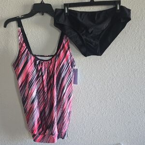 Pink & Black Patterned One-Piece Swim Top with Black Bottoms